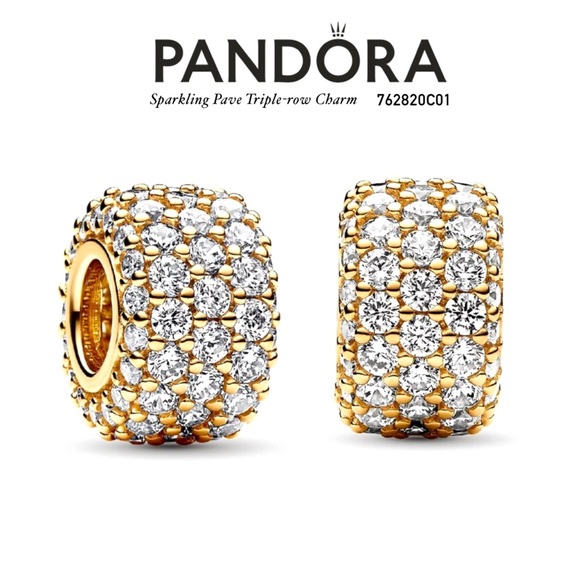 PANDORA Sparkling Pave Triple-row charm (2 pieces) w/box - Picture 1 of 8